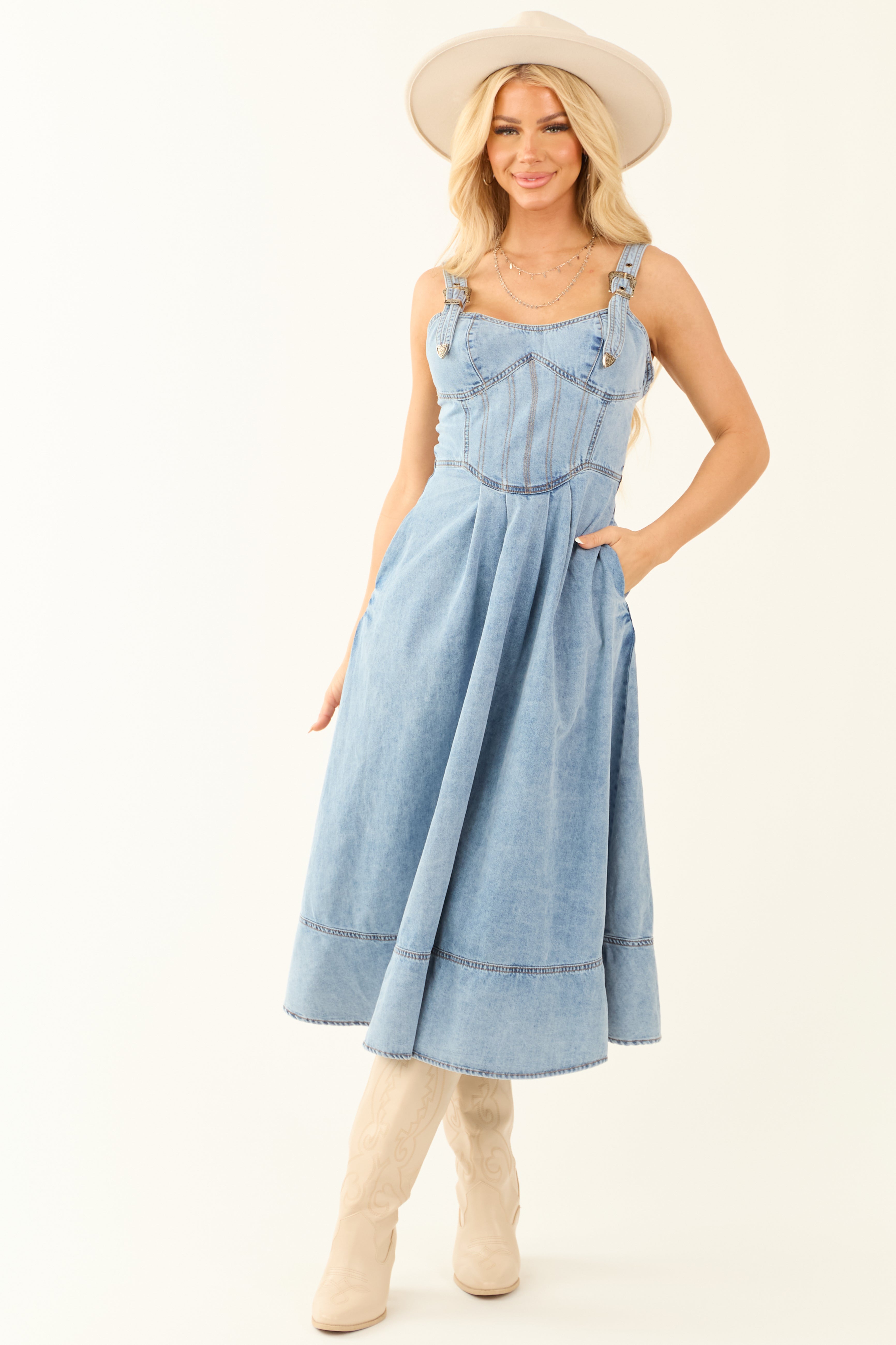 Light Wash Denim Buckle Strap Corset Midi Dress