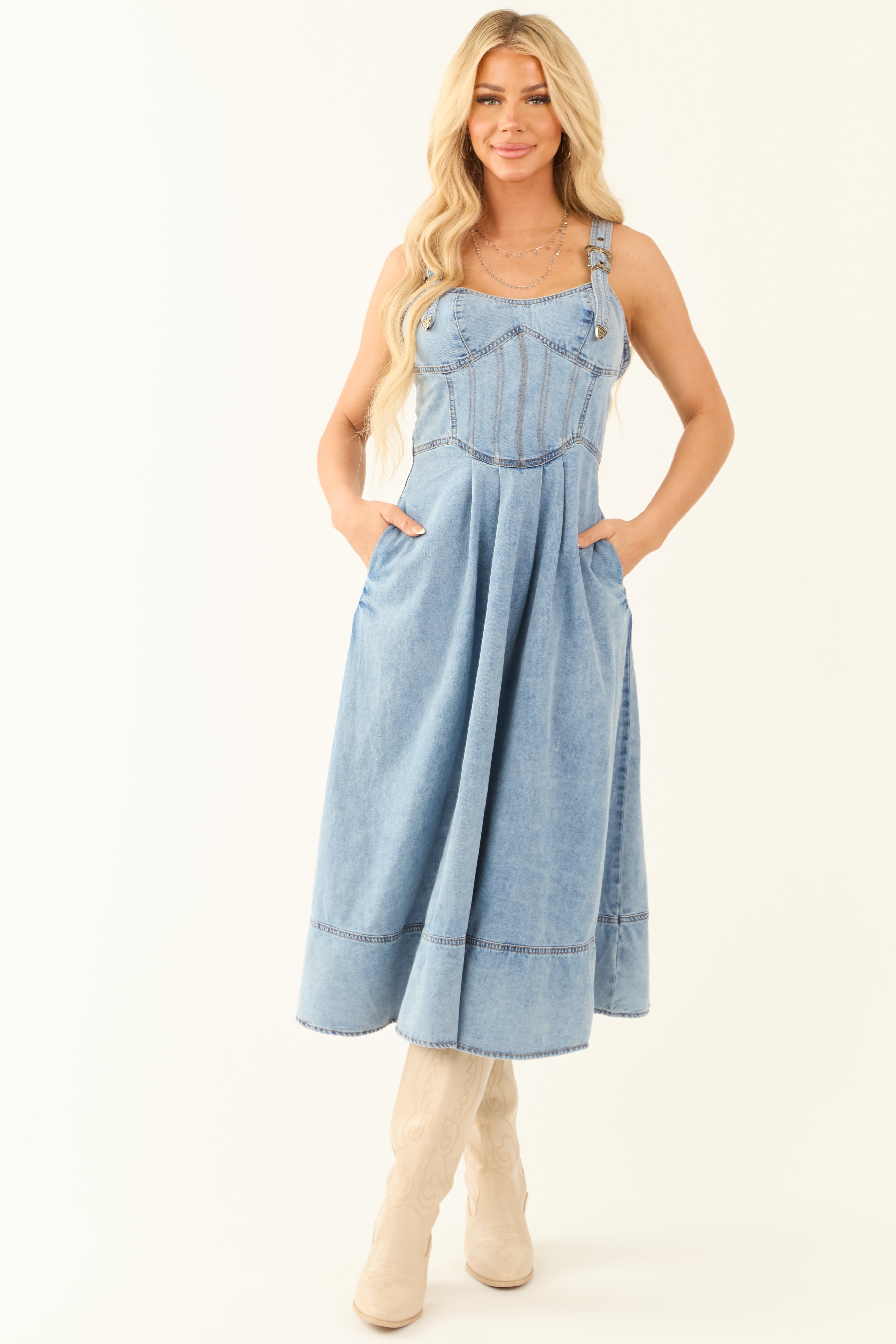 Light Wash Denim Buckle Strap Corset Midi Dress