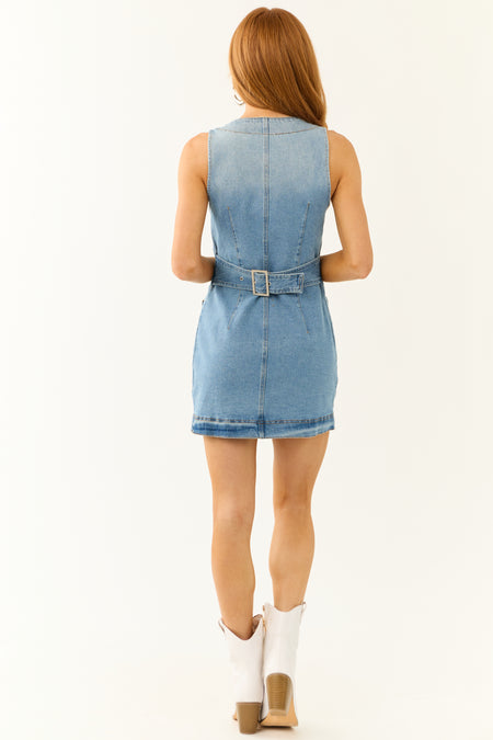 Light Wash Denim Button Down V Neck Mini Dress