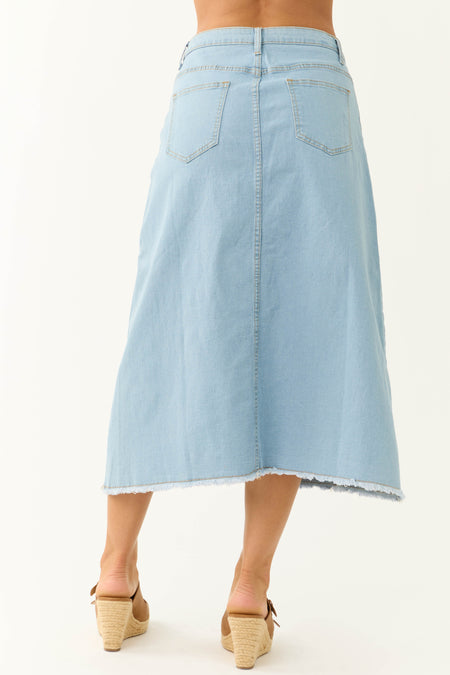 Light Wash Denim Frayed Hem Midi Skirt