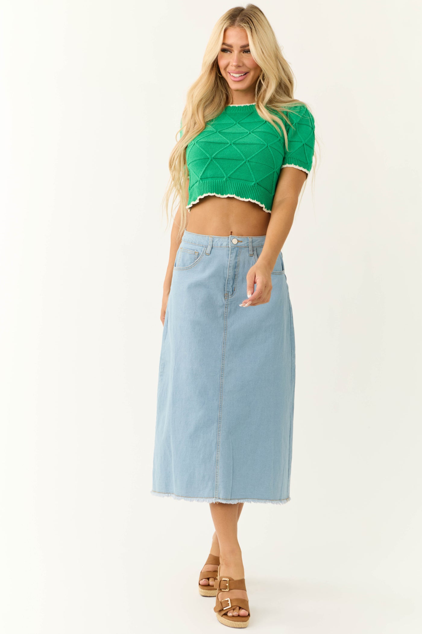 Light Wash Denim Frayed Hem Midi Skirt