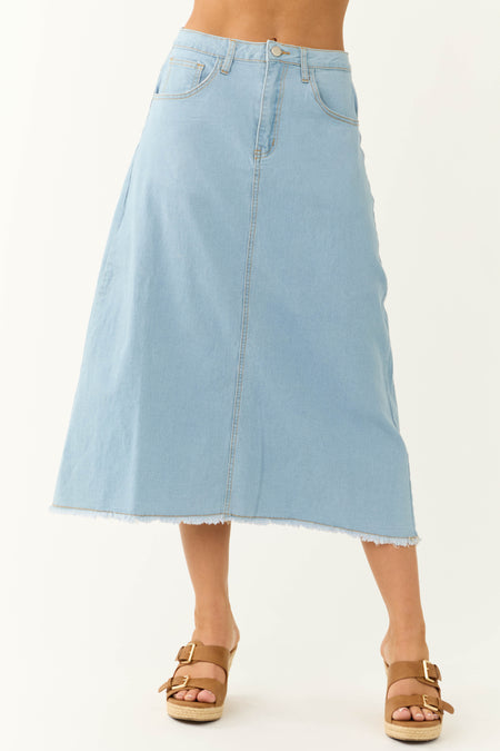 Light Wash Denim Frayed Hem Midi Skirt