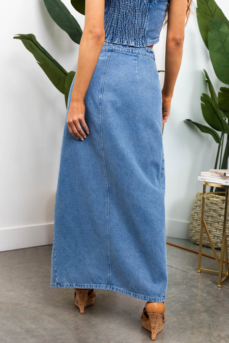 Light Wash Denim Front Slit Ruffle Maxi Skirt