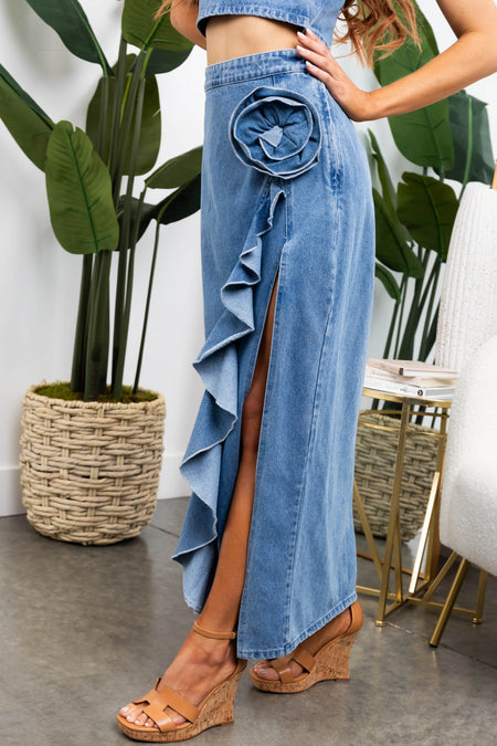 Light Wash Denim Front Slit Ruffle Maxi Skirt