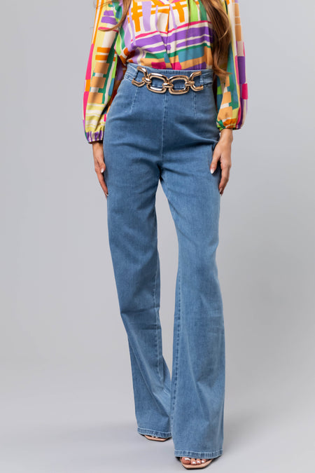 Light Wash Denim High Waisted Gold Belt Pants