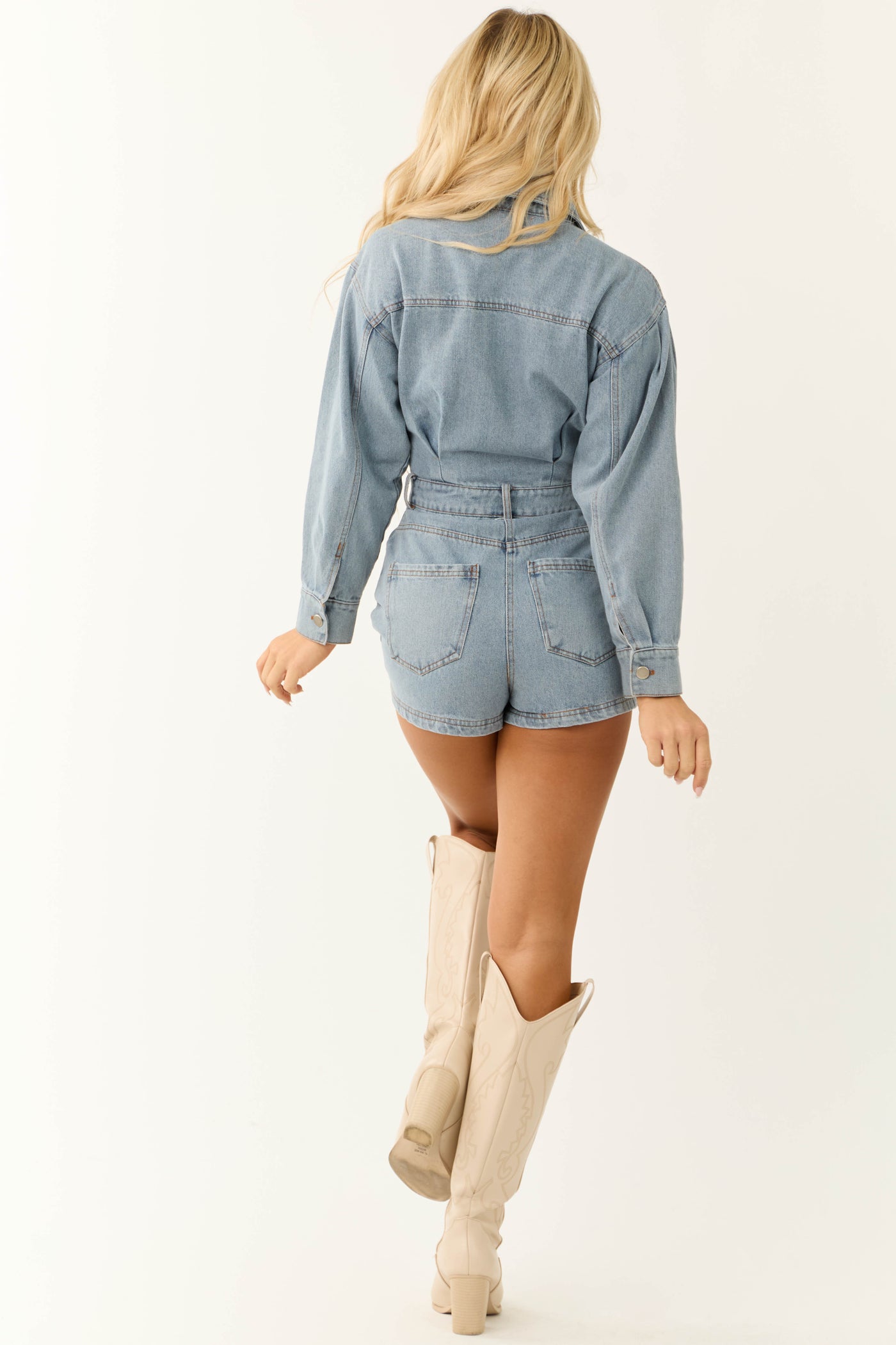 Light Wash Denim Long Sleeve Button Up Romper