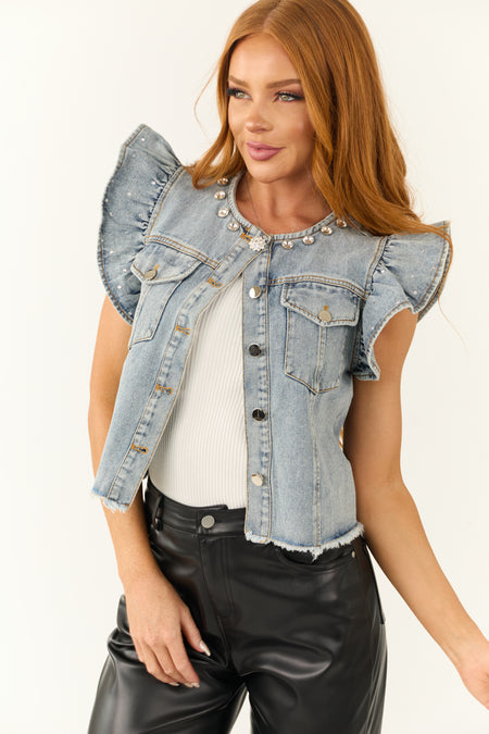 Light Wash Denim Ruffle Sleeve Rhinestone Vest