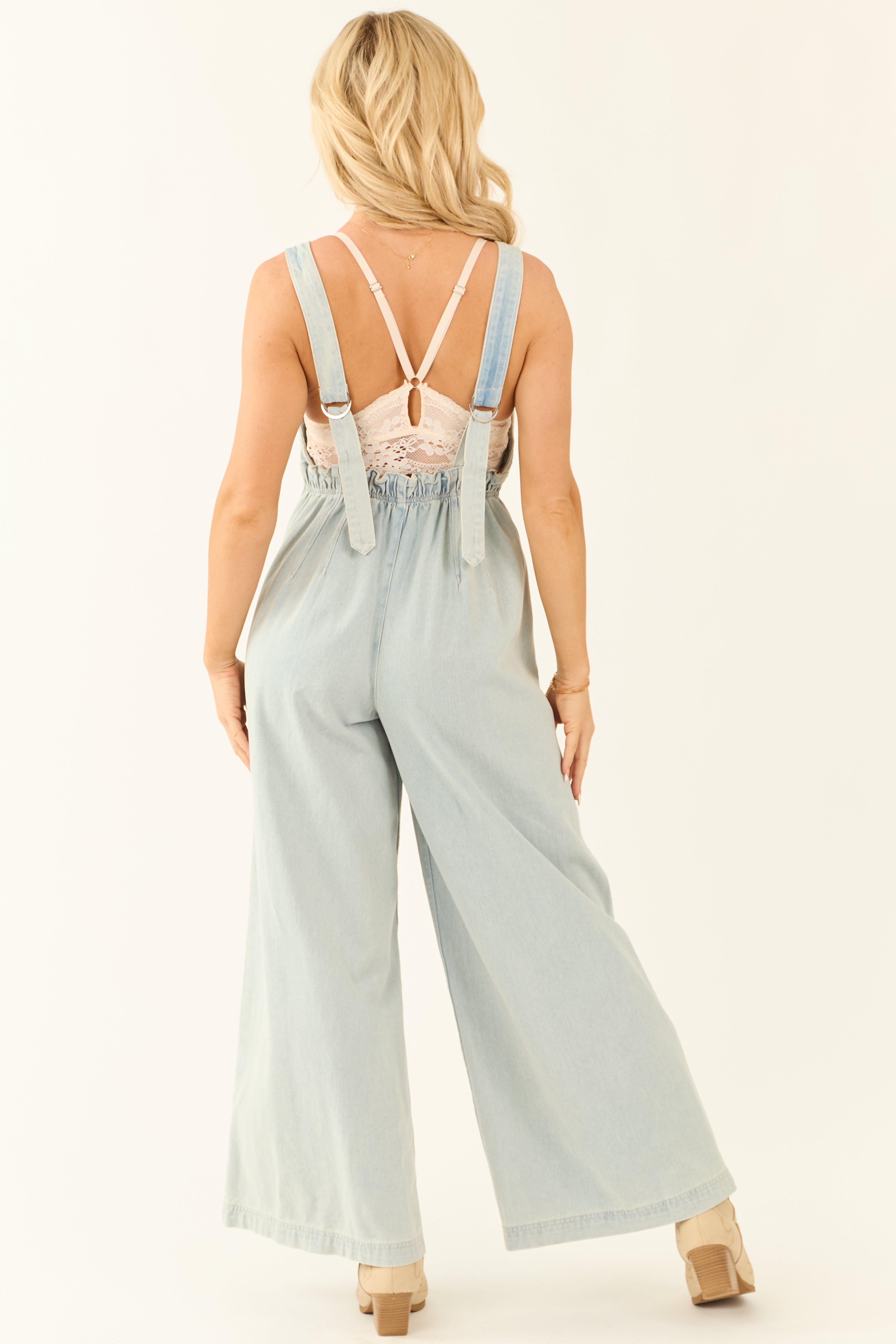 Light Wash Denim Scoop Neck Wide Leg Jumpsuit