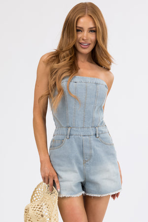 Light Wash Denim Strapless Frayed Hem Romper