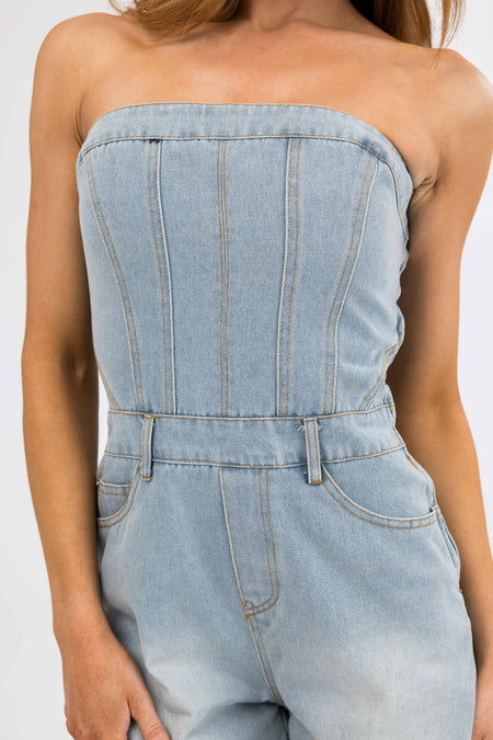 Light Wash Denim Strapless Frayed Hem Romper