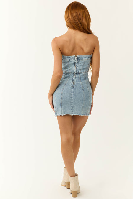 Light Wash Denim Strapless Raw Hem Mini Dress