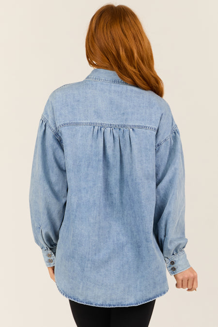 Light Wash Heart Pocket Oversized Denim Shacket