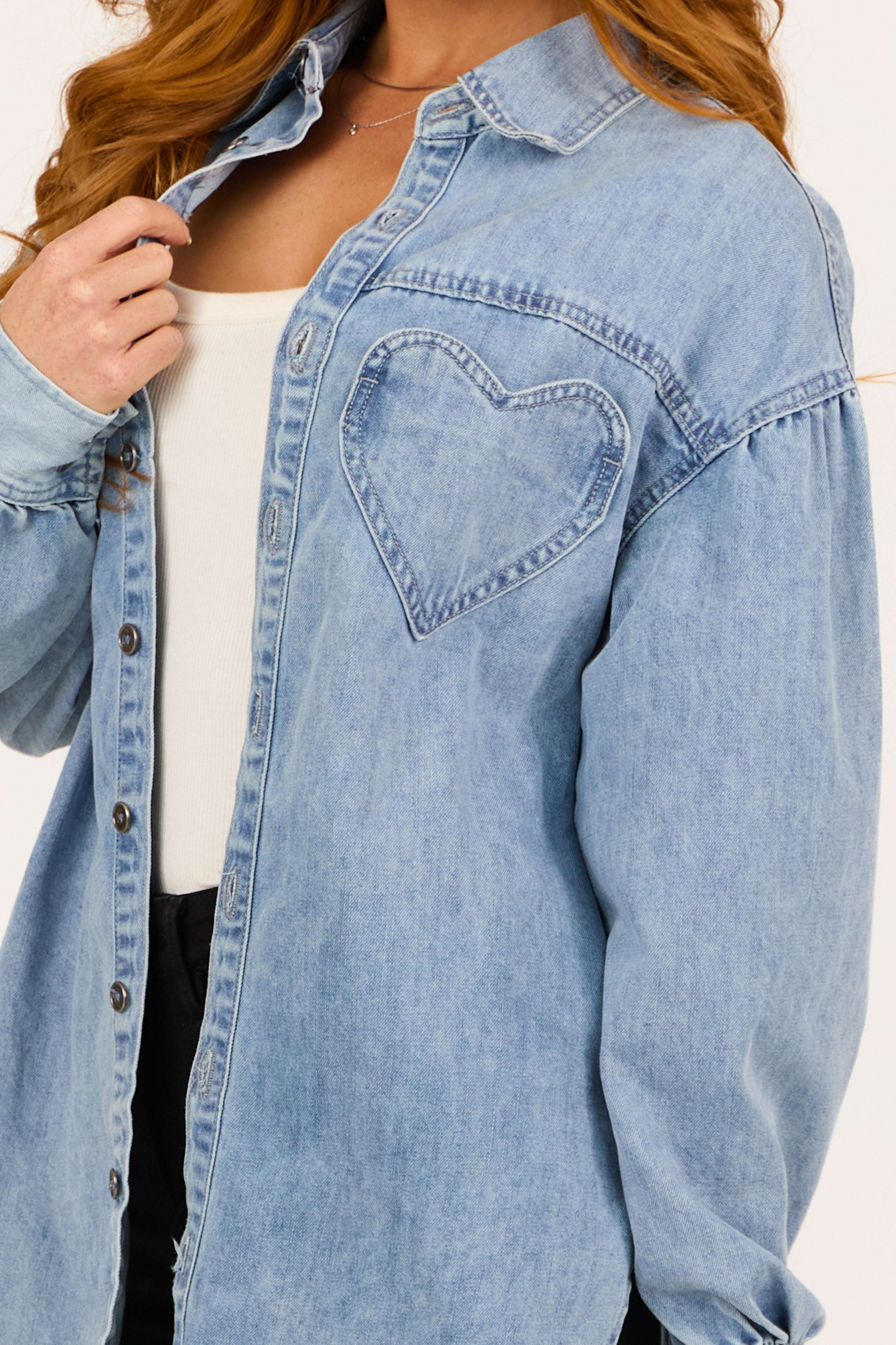 Light Wash Heart Pocket Oversized Denim Shacket