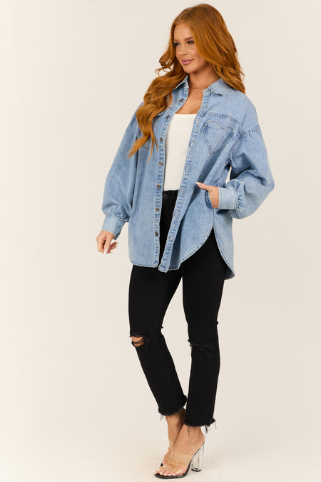 Light Wash Heart Pocket Oversized Denim Shacket