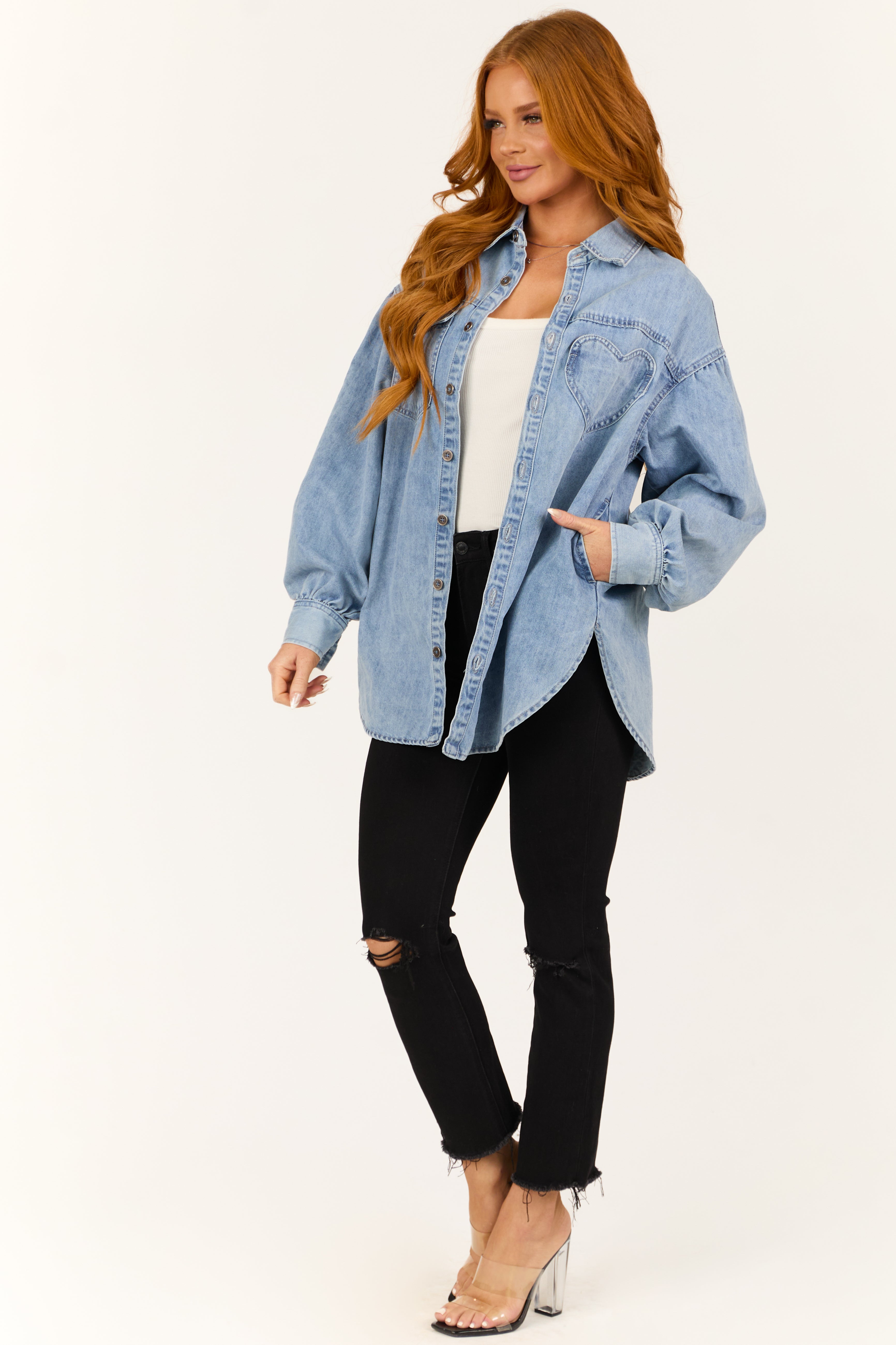 Light Wash Heart Pocket Oversized Denim Shacket