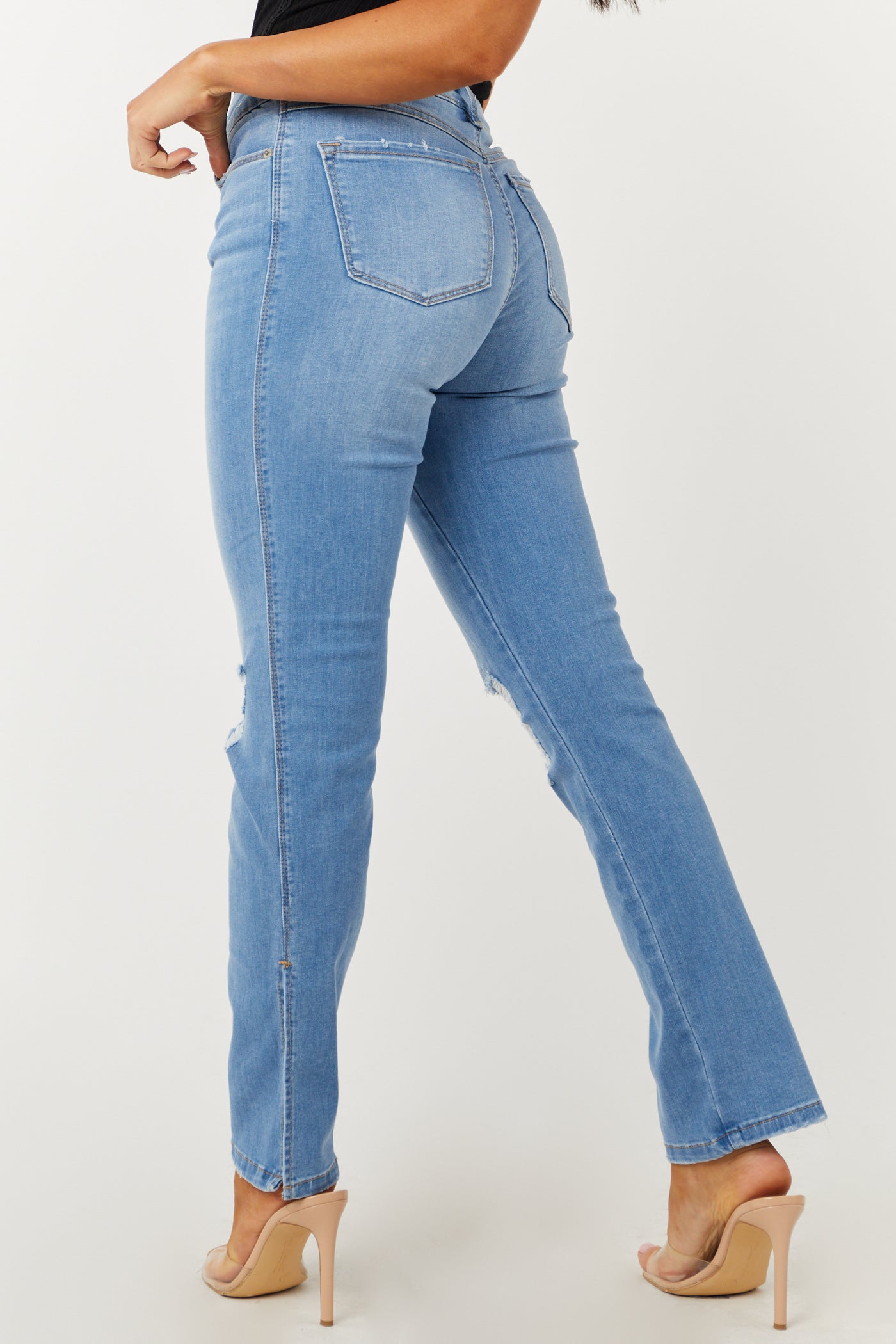Women's Trendy Bootcut Flare Jeans with Split Leg and Distress Detailing