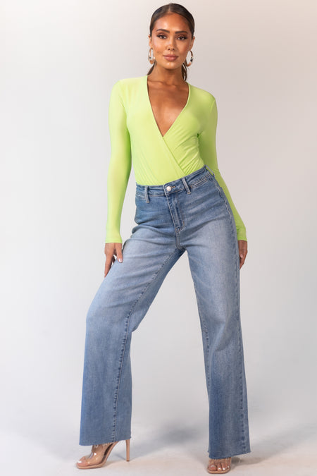 Light Wash High Rise Raw Hem Wide Leg Jeans