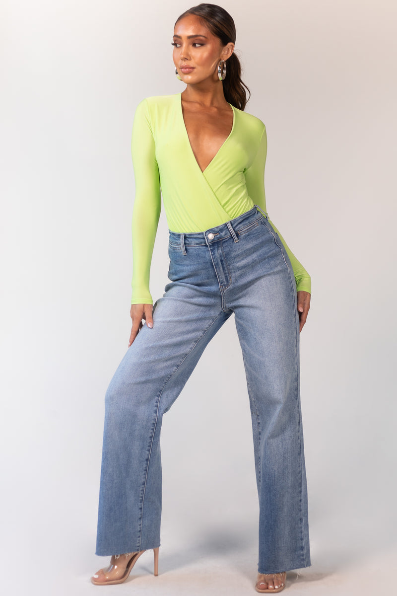 Light Wash High Rise Raw Hem Wide Leg Jeans