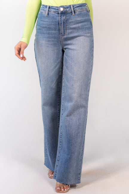 Light Wash High Rise Raw Hem Wide Leg Jeans