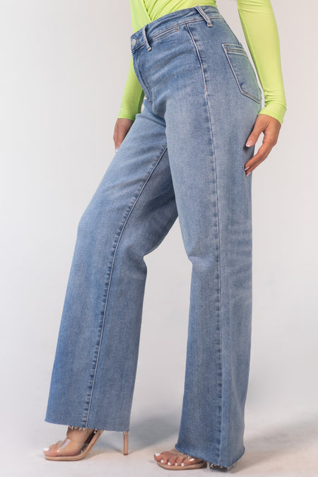 Light Wash High Rise Raw Hem Wide Leg Jeans