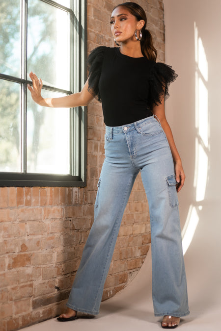 Light Wash High Rise Wide Leg Cargo Jeans