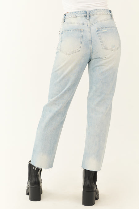 Light Wash Rhinestone Studded Straight Jeans