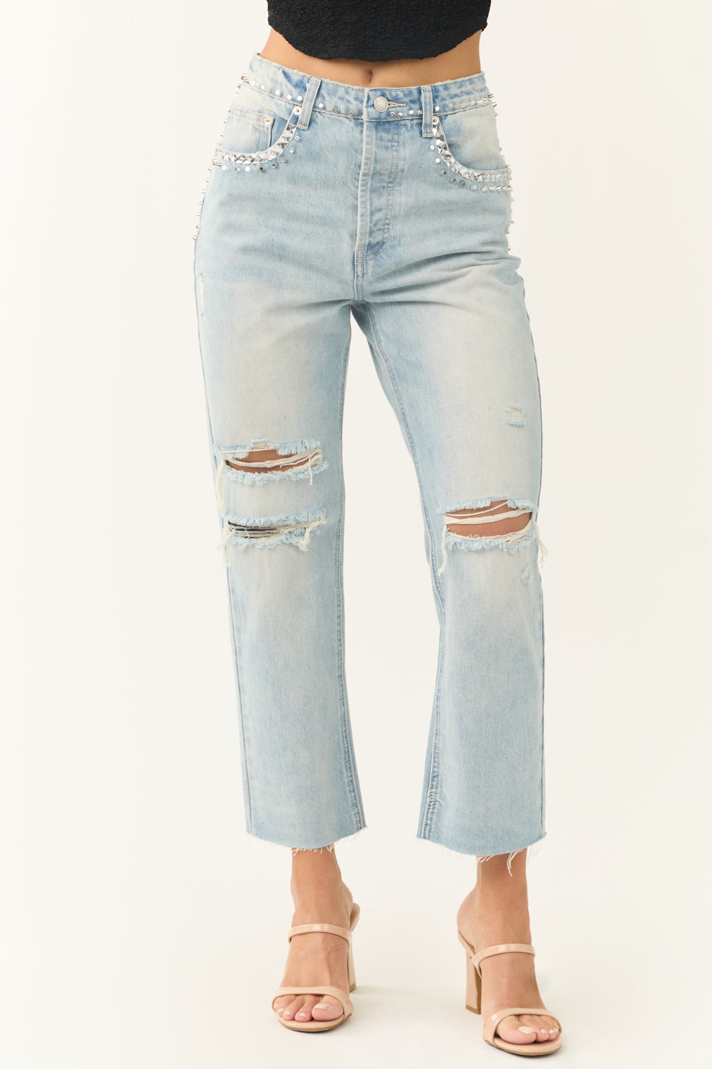 Light Wash Rhinestone Studded Straight Jeans