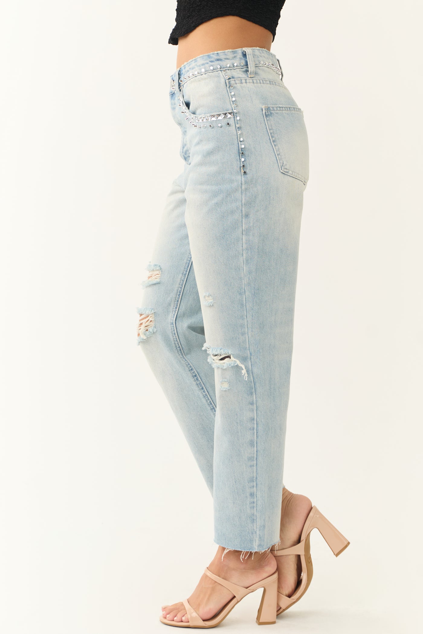 Light Wash Rhinestone Studded Straight Jeans