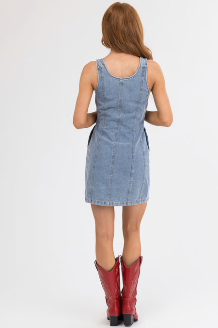 Light Wash Sleeveless Button Down Mini Dress