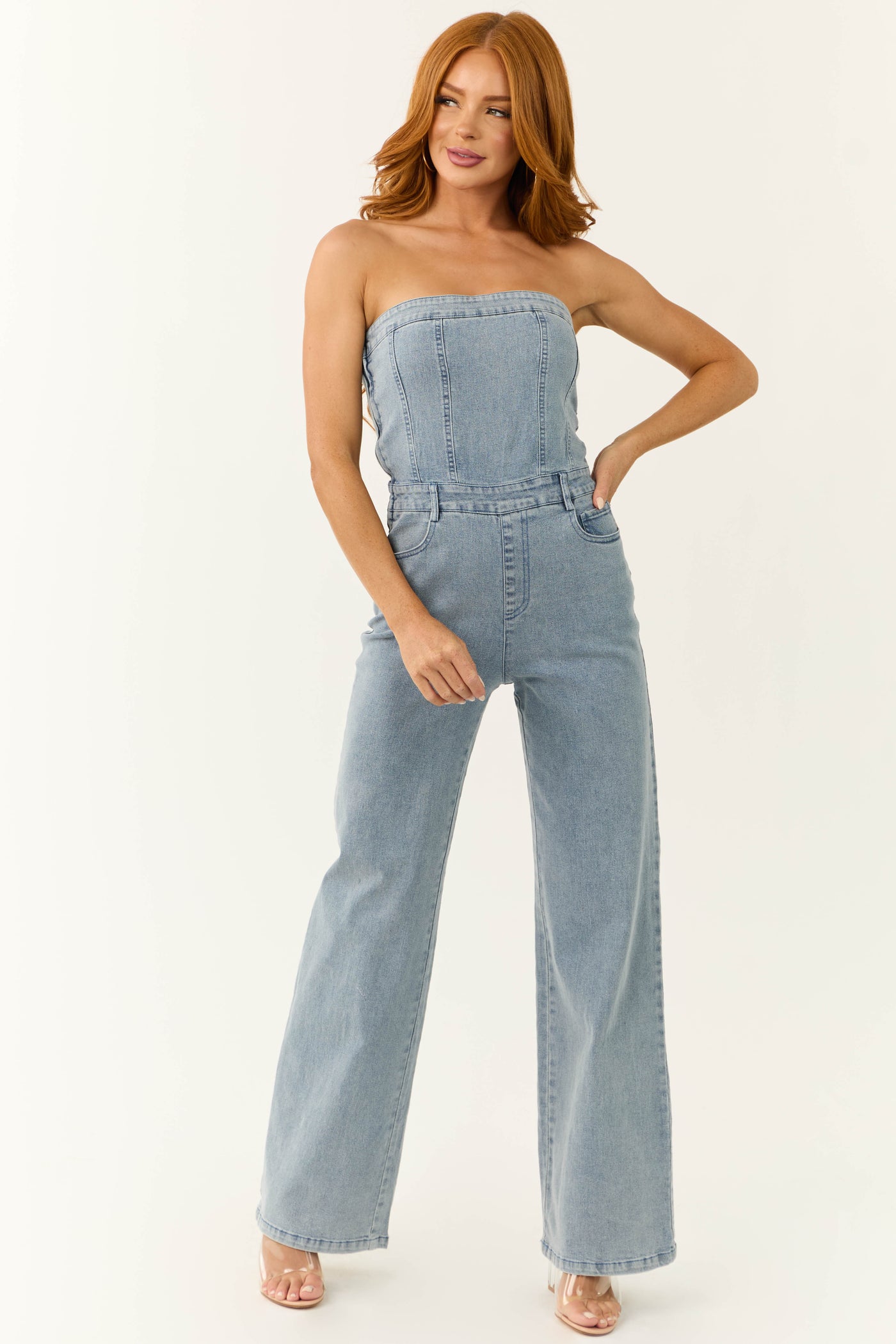 Light Wash Strapless Relaxed Leg Denim Jumpsuit