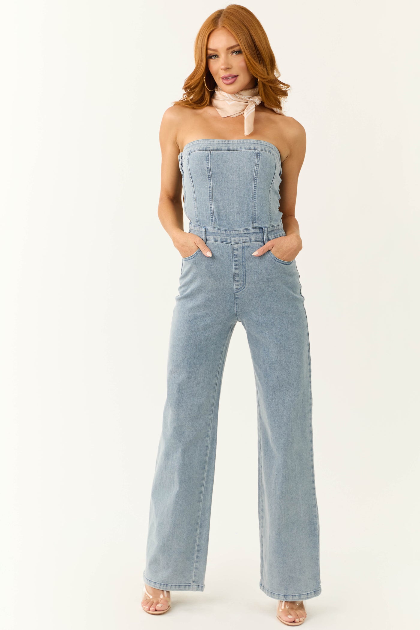 Light Wash Strapless Relaxed Leg Denim Jumpsuit