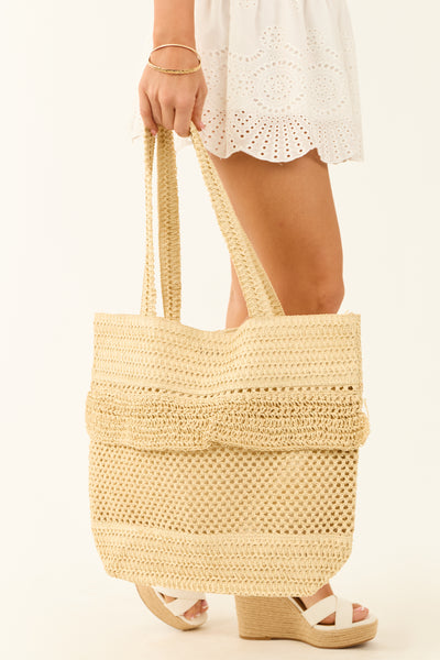 Light Beige Crochet Straw Ruffle Detail Tote Bag