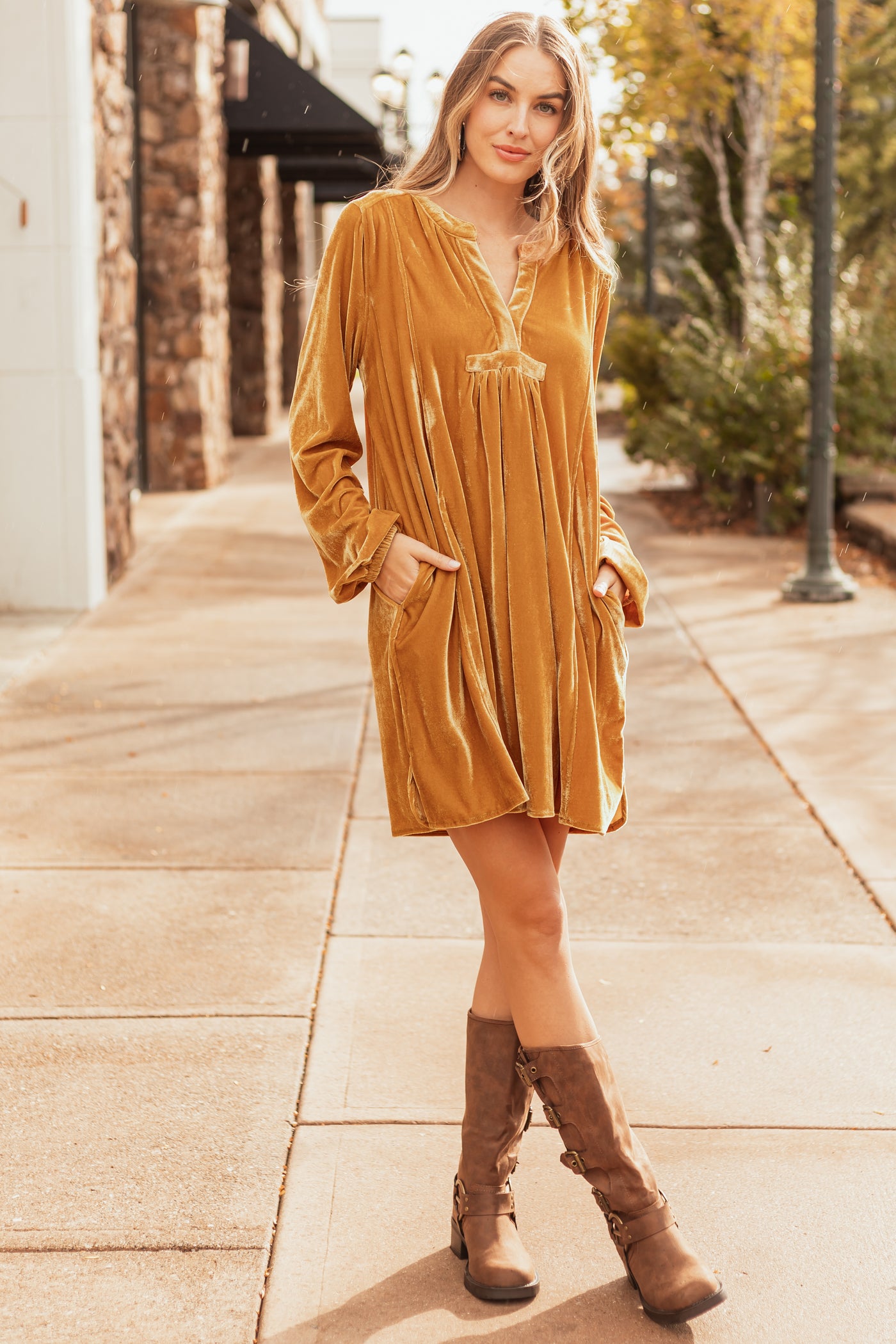 Light Caramel Notch Neck Shift Fit Velvet Dress