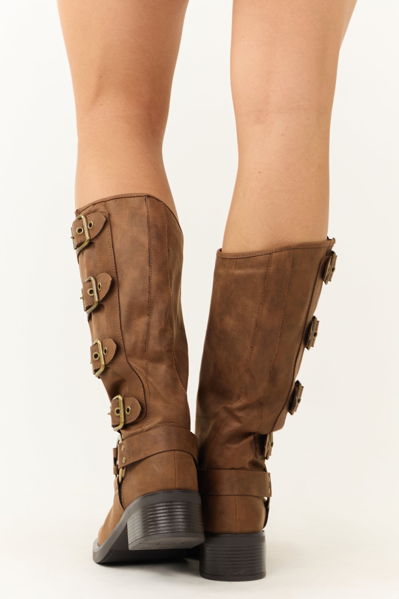 Light Sepia Faux Leather Multiple Buckle Boot