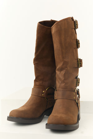 Light Sepia Faux Leather Multiple Buckle Boot