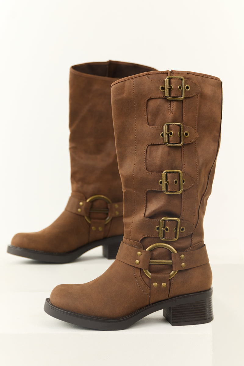 Light Sepia Faux Leather Multiple Buckle Boot