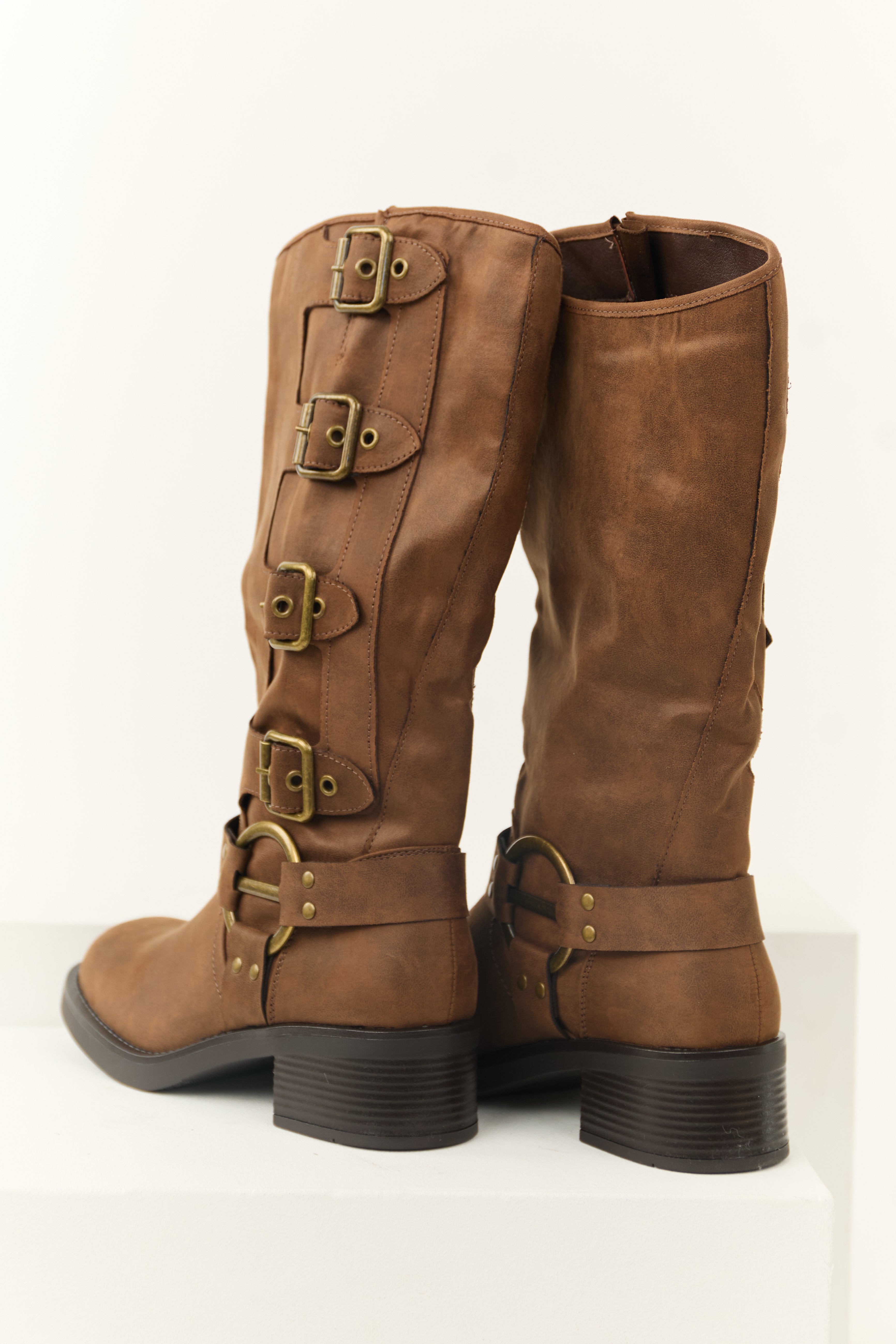 Light Sepia Faux Leather Multiple Buckle Boot