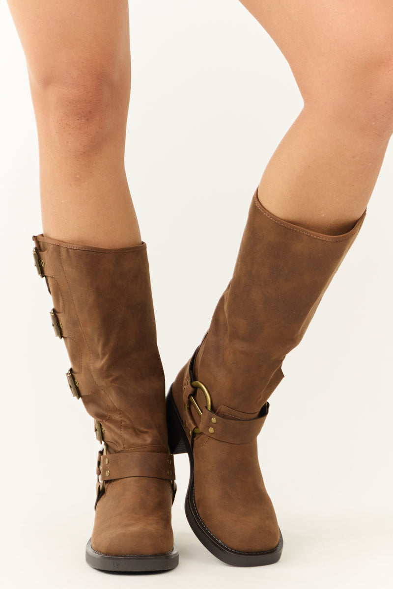 Light Sepia Faux Leather Multiple Buckle Boot