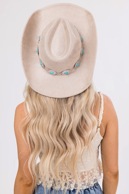 Light Taupe Suede Hat with Silver Chain