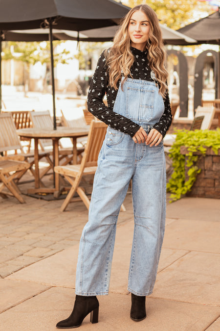 Light Wash Denim Barrel Overalls