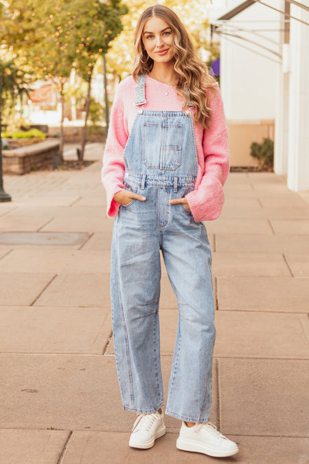 Light Wash Denim Barrel Overalls