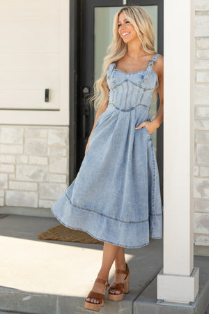 Light Wash Denim Buckle Strap Corset Midi Dress