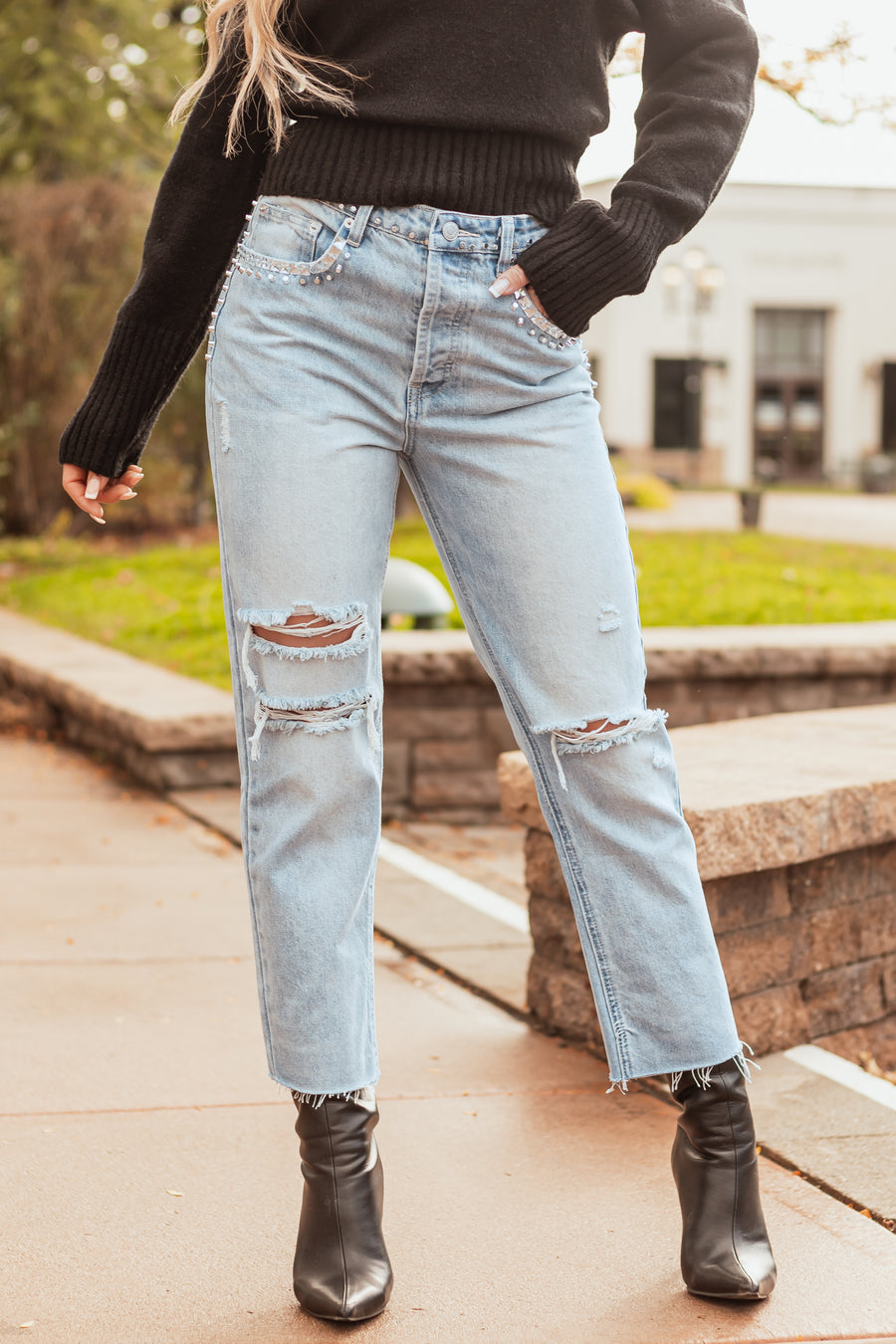 Light Wash Rhinestone Studded Straight Jeans