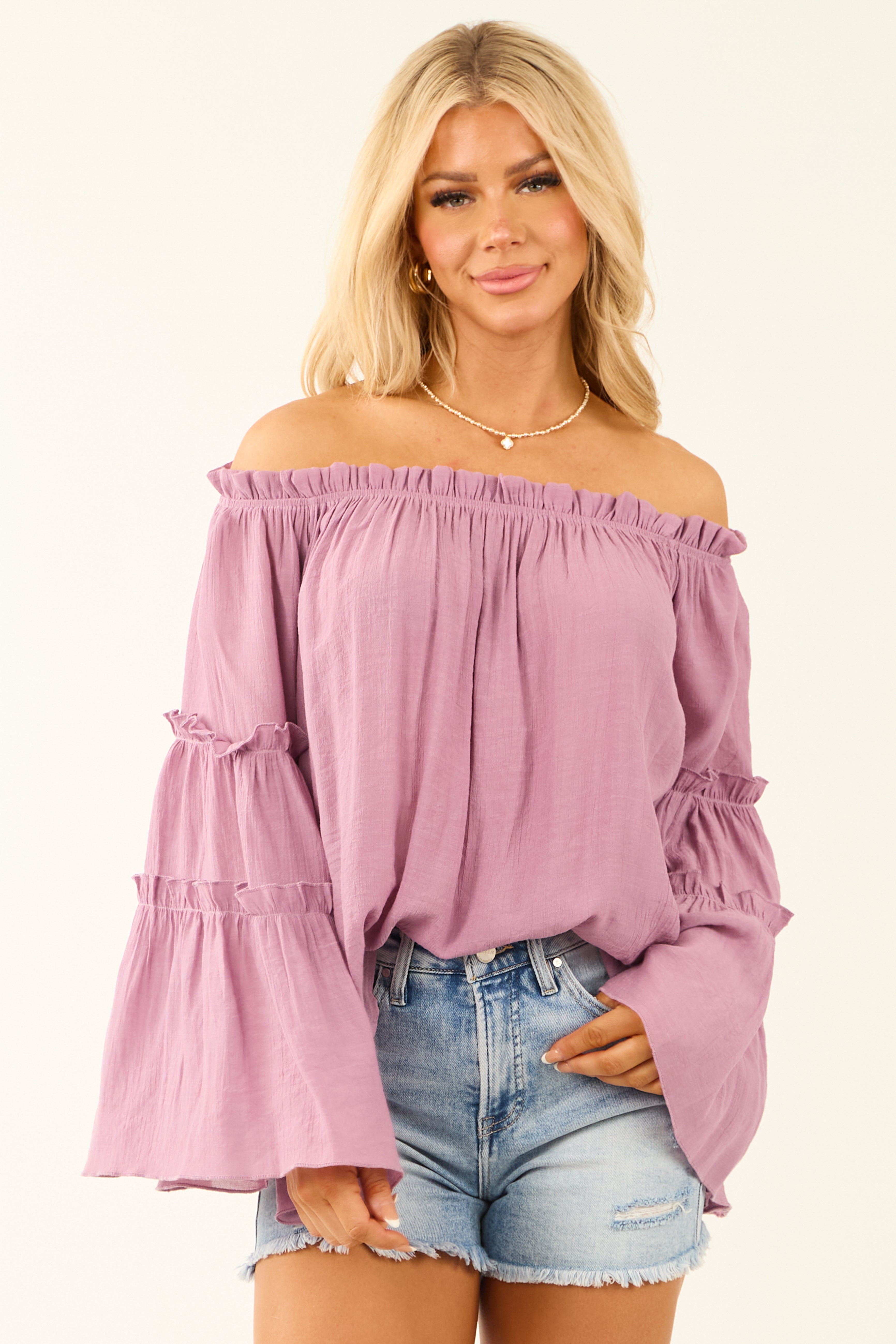 Lilac Off the Shoulder Long Bell Sleeve Top