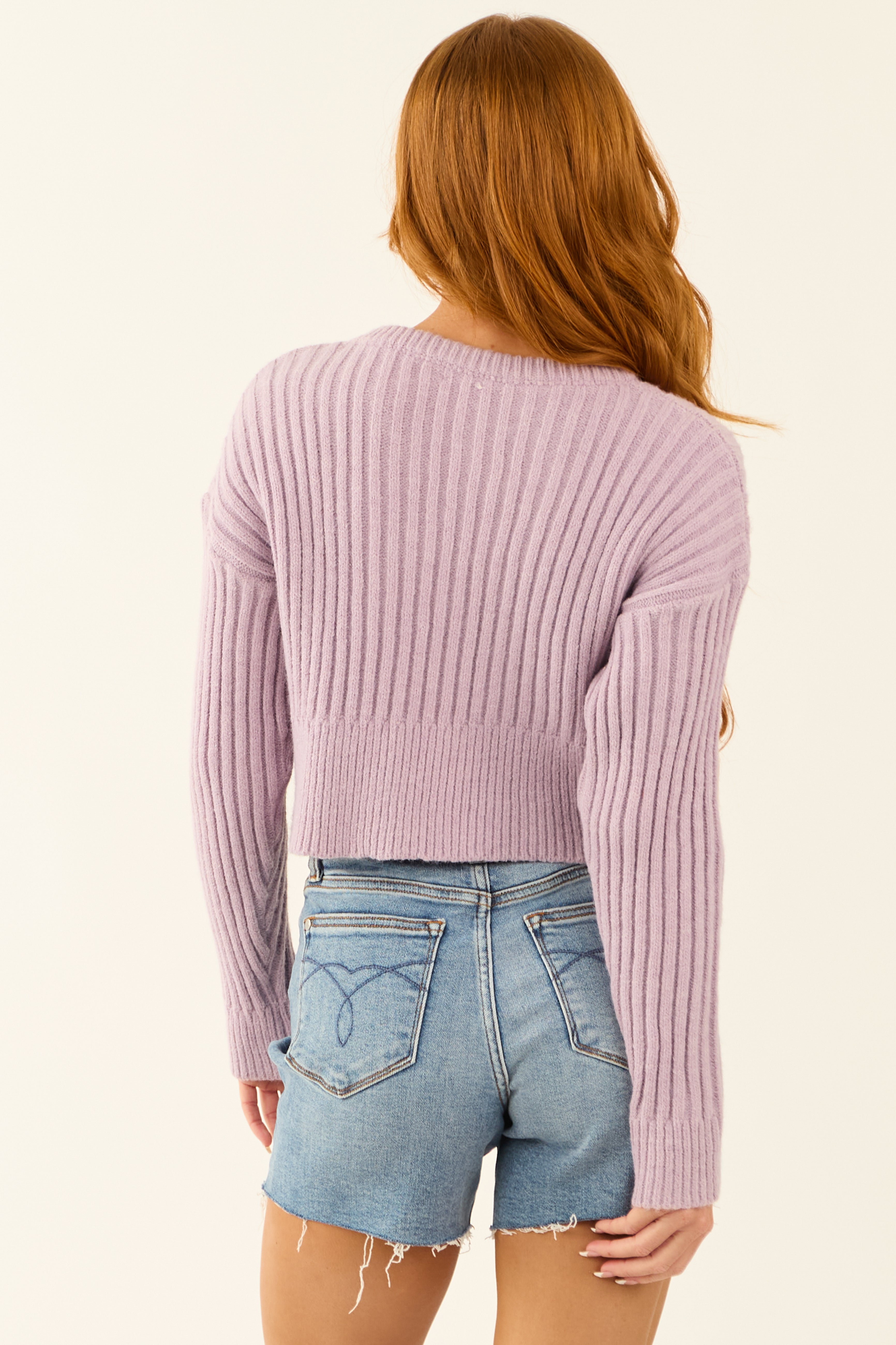 Lilac Ribbed and Cable Knit Long Sleeve Sweater