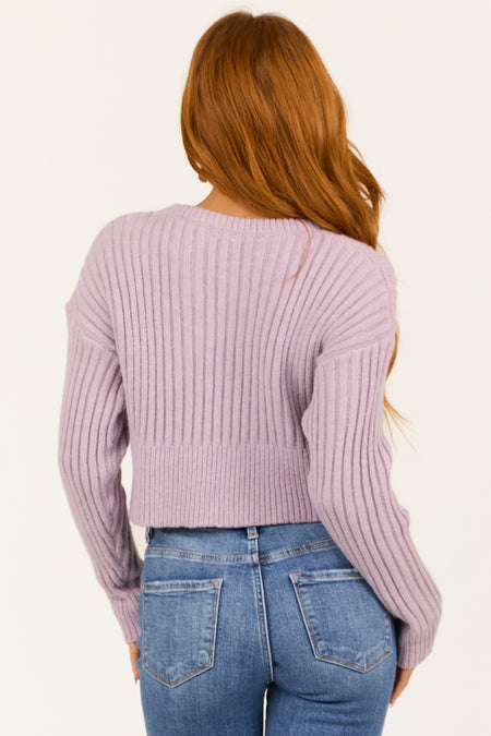 Lilac Ribbed and Cable Knit Long Sleeve Sweater