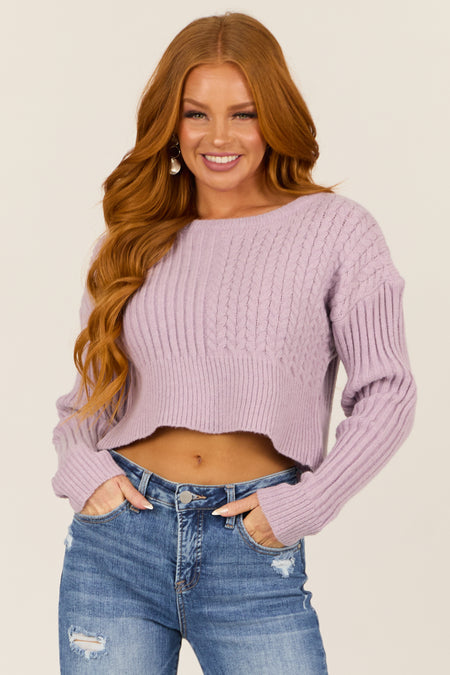 Lilac Ribbed and Cable Knit Long Sleeve Sweater