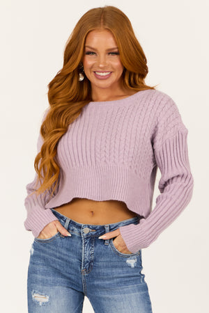 Lilac Ribbed and Cable Knit Long Sleeve Sweater