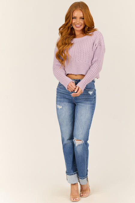 Lilac Ribbed and Cable Knit Long Sleeve Sweater