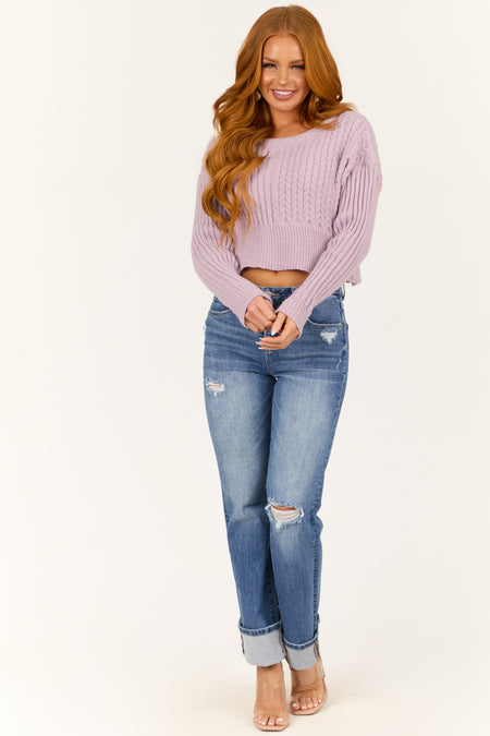 Lilac Ribbed and Cable Knit Long Sleeve Sweater